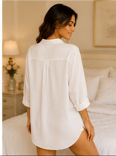 Women’s White Full Sleeve Button Front Sleep Shirt Nightwear